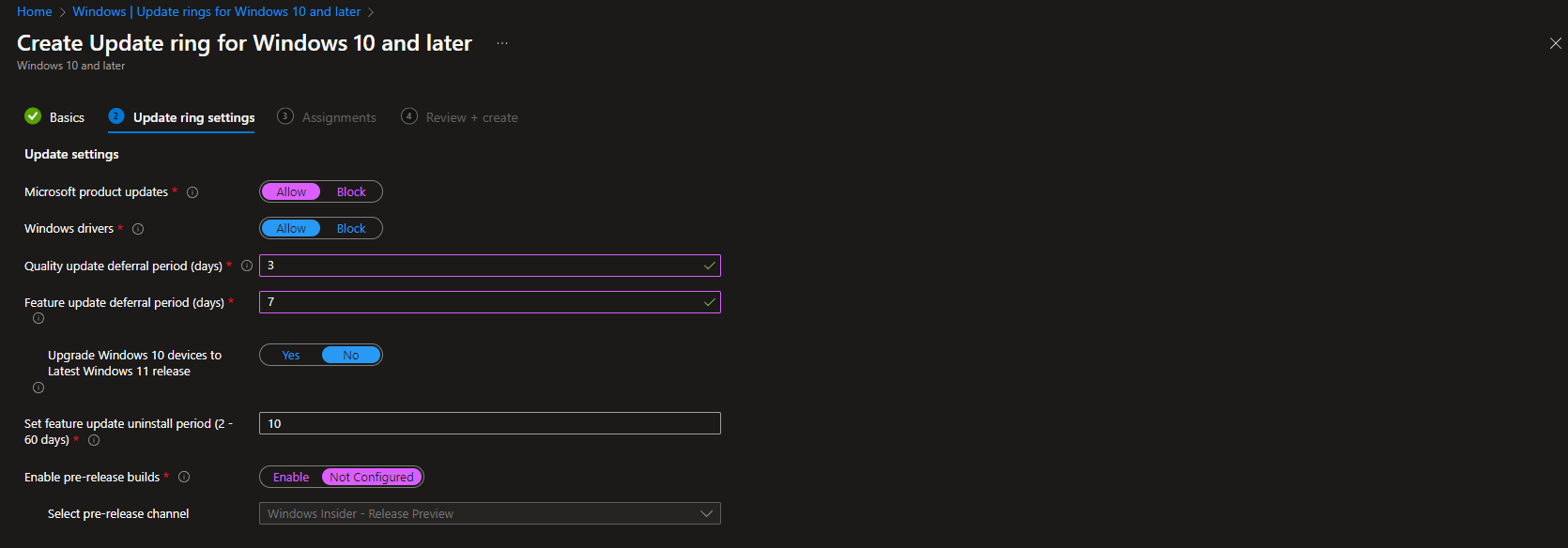 Configuring update ring settings